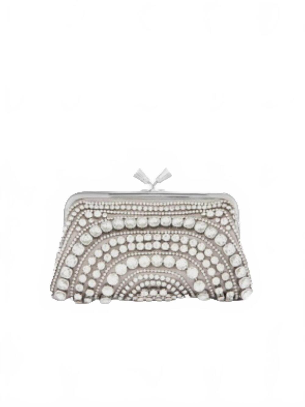 NEW ANYA HINDMARCH women's crystal embellished satin maud tassel clutch in silve